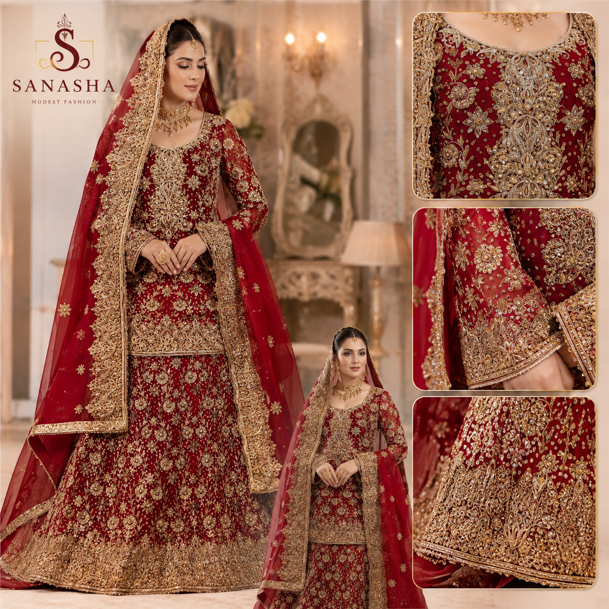 Traditional Red Pakistani Bridal Lehenga Gharara – SANASHA