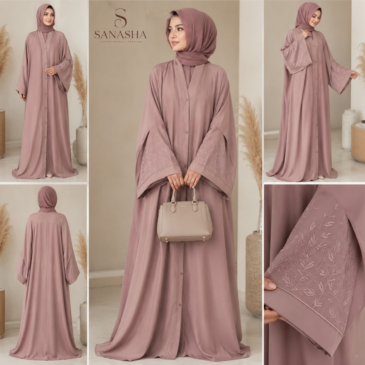 Sanasha Embroidered Mauve Front Open Abaya with Wide Cuffs