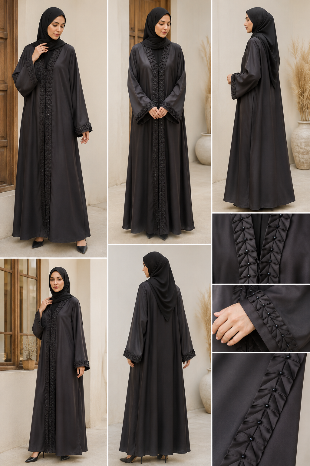 Luxury Black Open-Front Maxi Abaya – Delicate Pleats & Beadwork | Sanasha