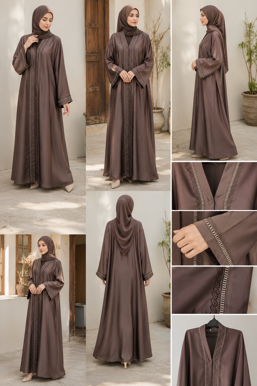 Premium Mocha Brown Modest Abaya Set - Embroidered Front Placket by Sanasha