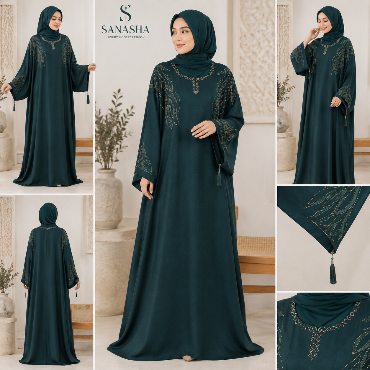 Premium Teal Green Luxury Abaya with Gold Neckline Embroidery – Sanasha