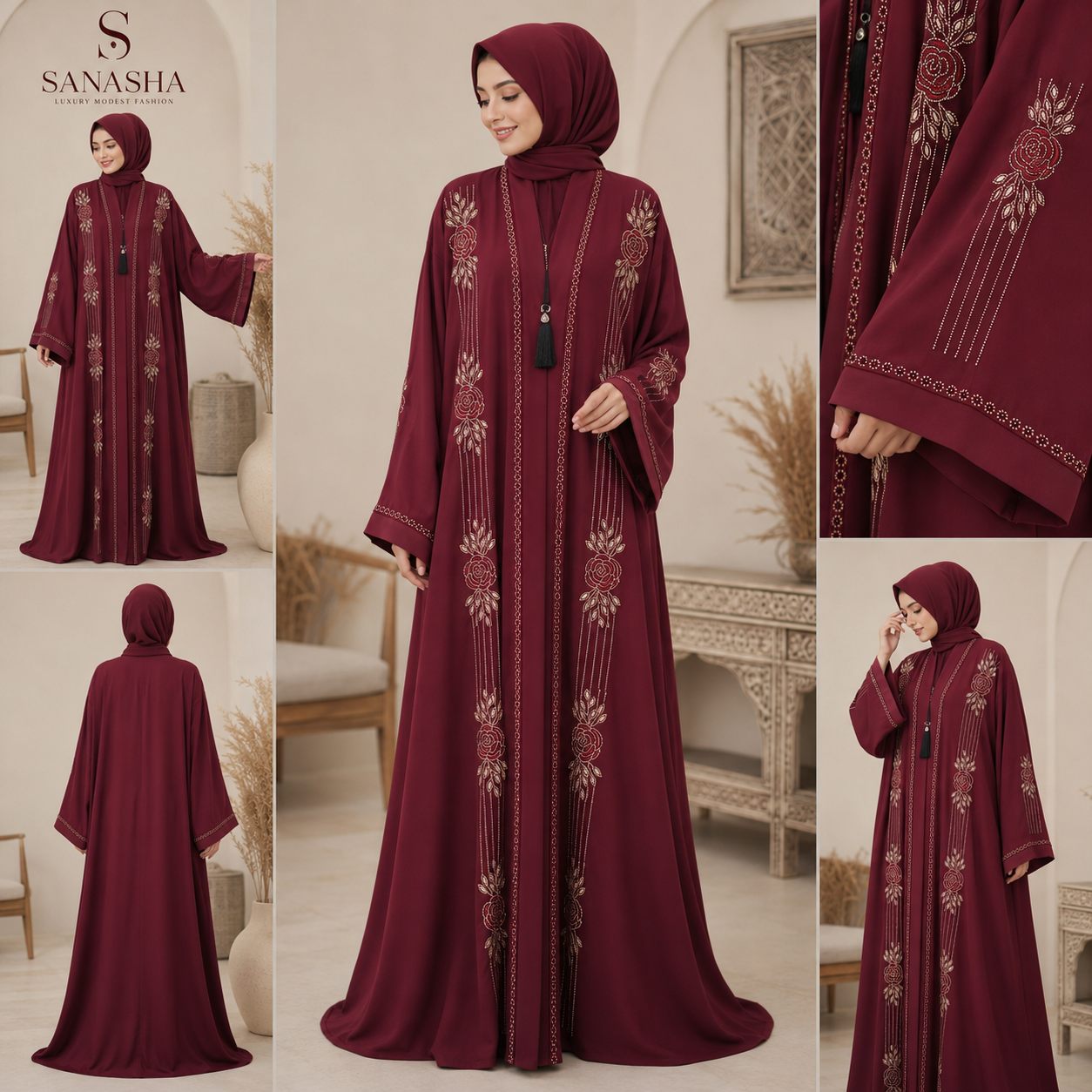 Premium Maroon Burgundy Embroidered Abaya – Elegant Modest Wear by Sanasha