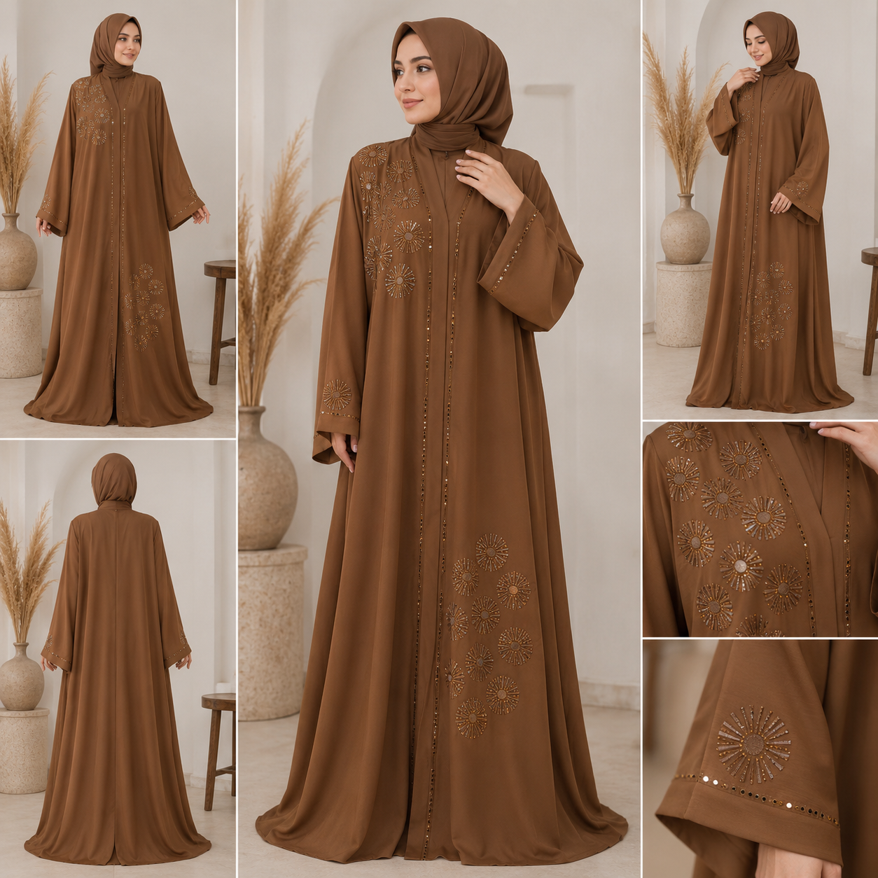 Sanasha Earthly Radiance – Luxury Embroidered Chocolate Brown Abaya Set