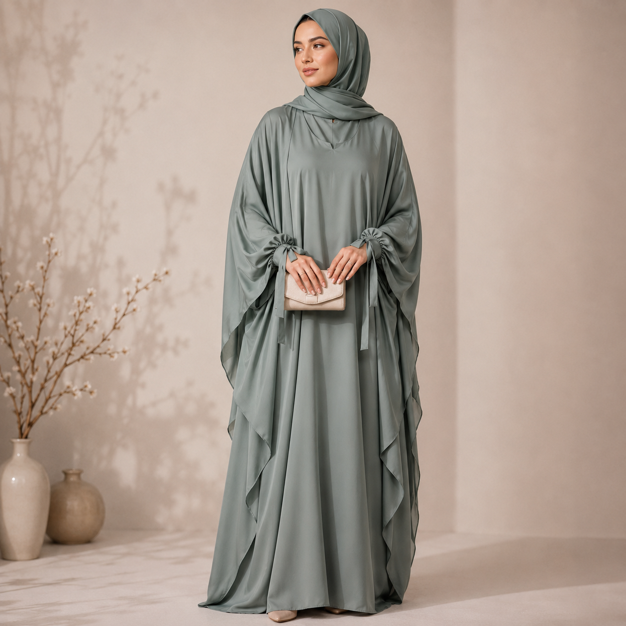 Premium 4-Piece Sage Green Butterfly Abaya Set with Free Matching Staller & Cuffs | Sanasha