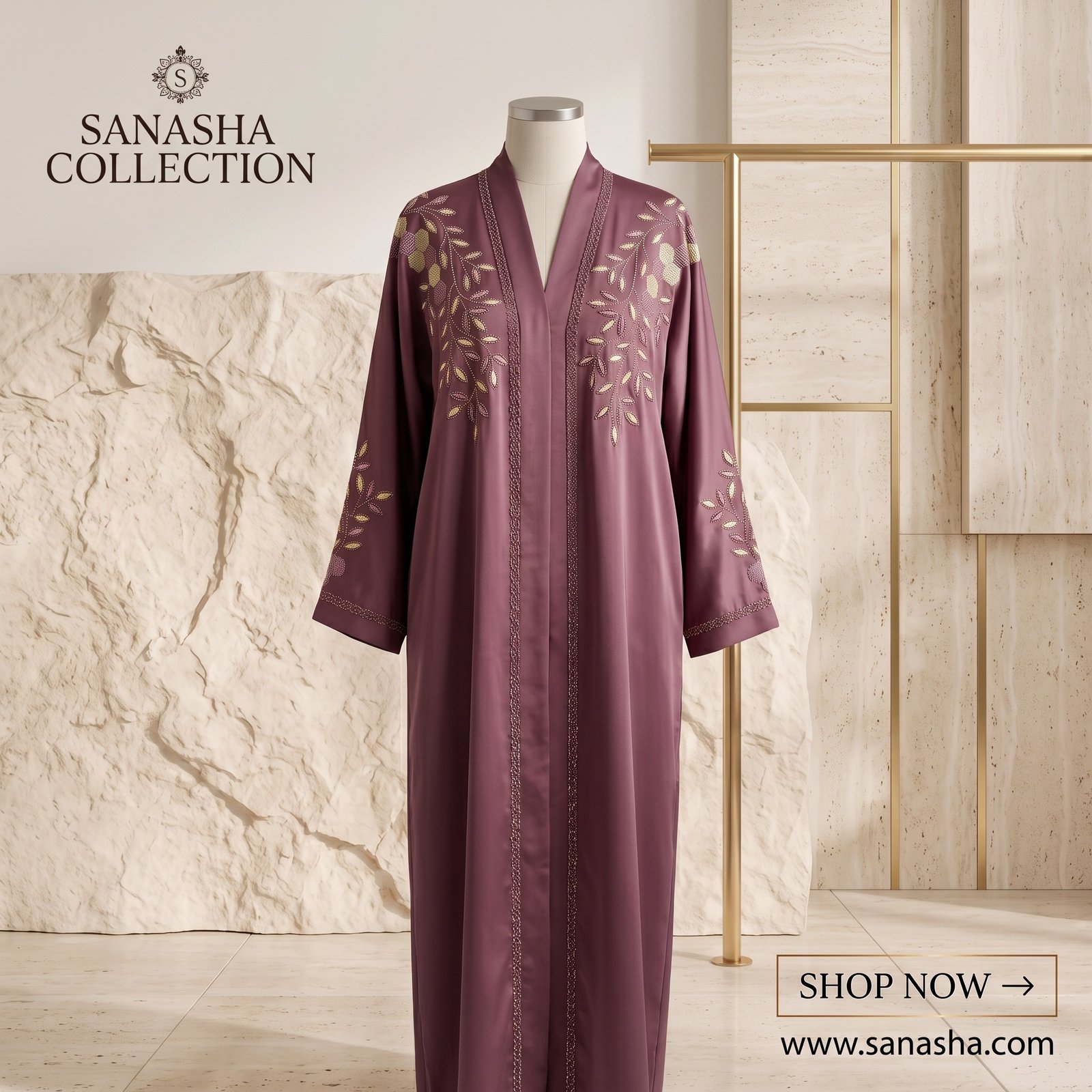 Premium Plum Mauve Embroidered Open-Front Abaya with Gold Vines | Sanasha