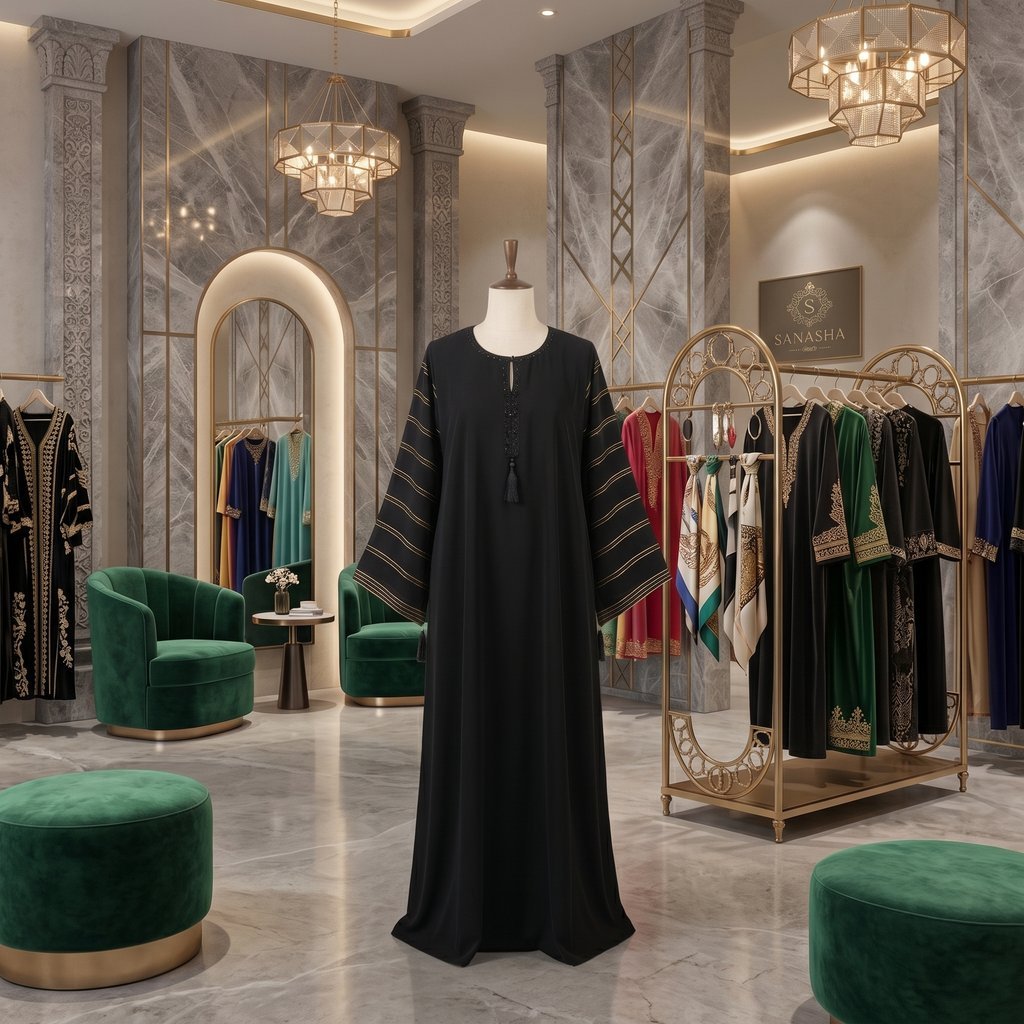 Premium Jet Black A-Line Abaya with Gold Striped Flared Sleeves | Sanasha
