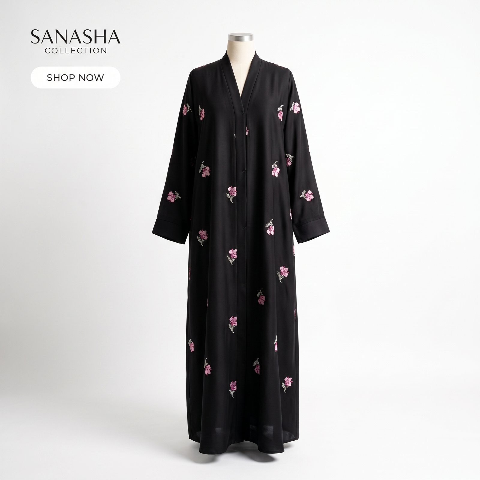 Premium Black Front-Open Abaya with Pink Floral Embroidery | Sanasha