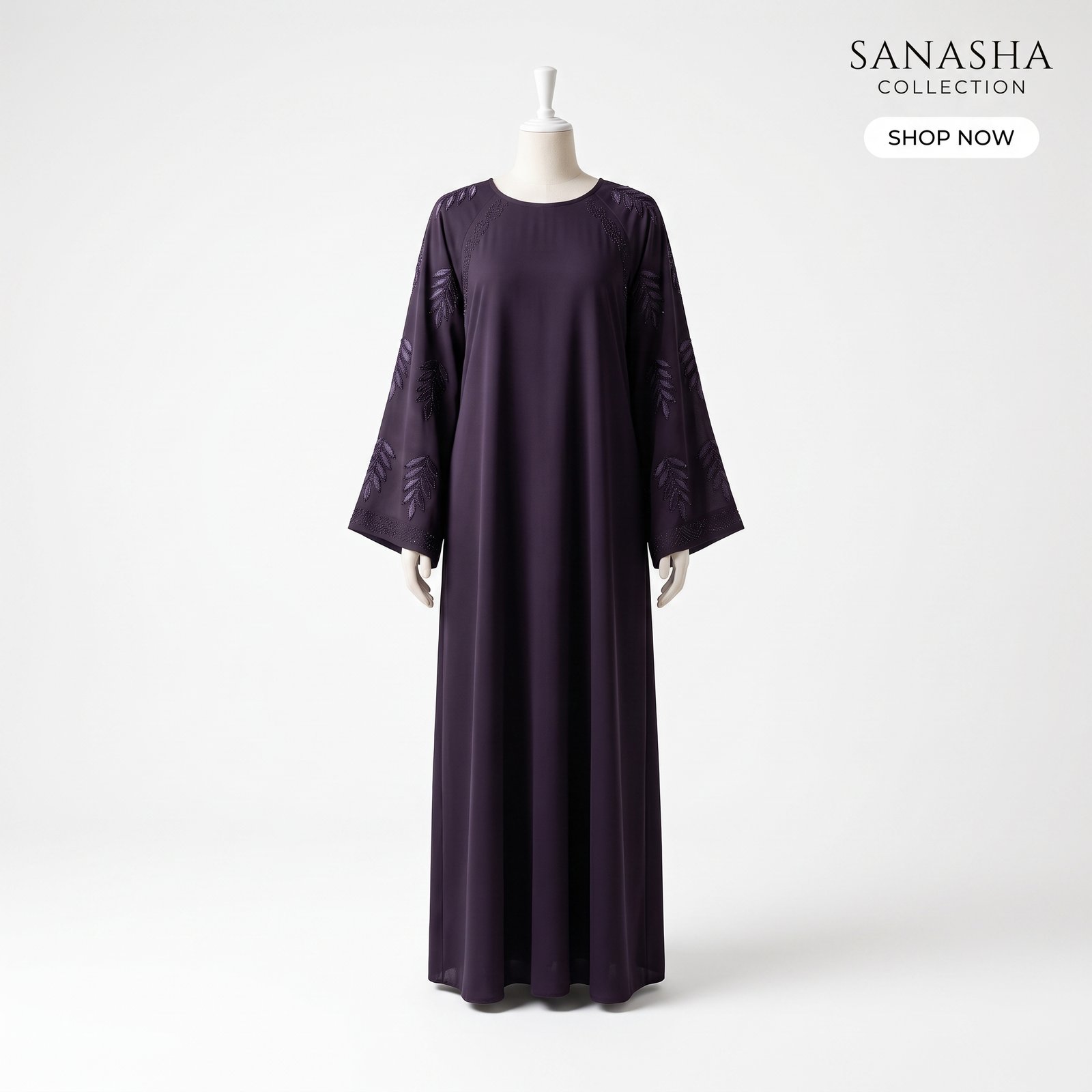 Sanasha Elegant Dark Purple Embroidered Abaya with Flared Sleeves