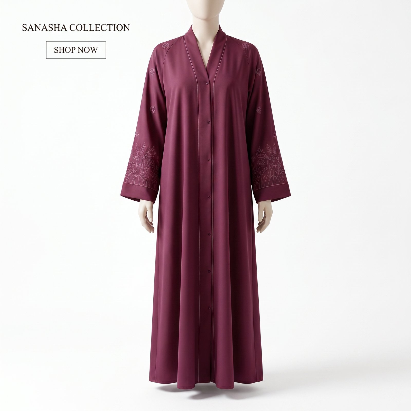 Maroon Open-Front Abaya with Botanical Sleeve Embroidery | Sanasha