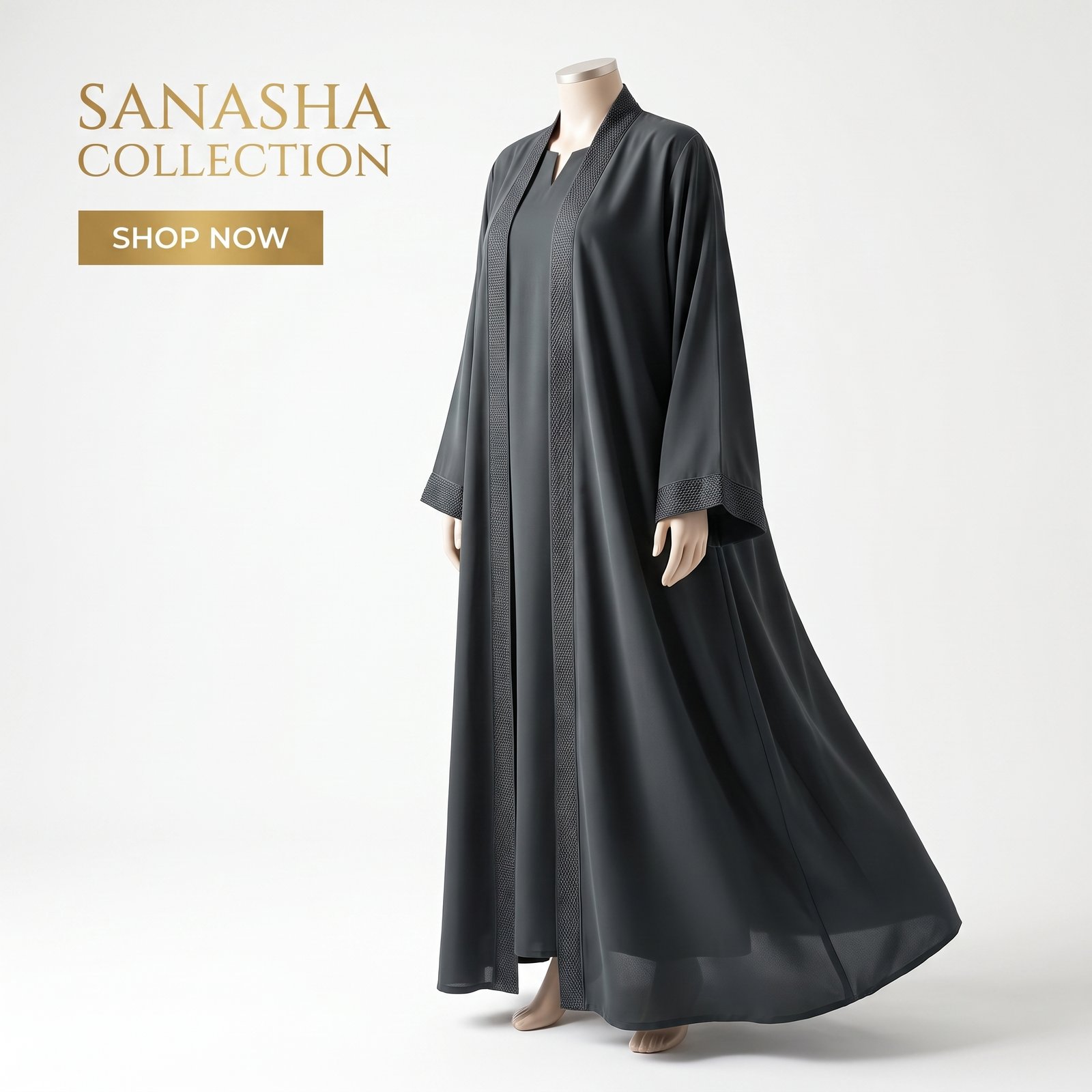 Sanasha Premium Open-Front Charcoal Grey Abaya Set with Inner Dress