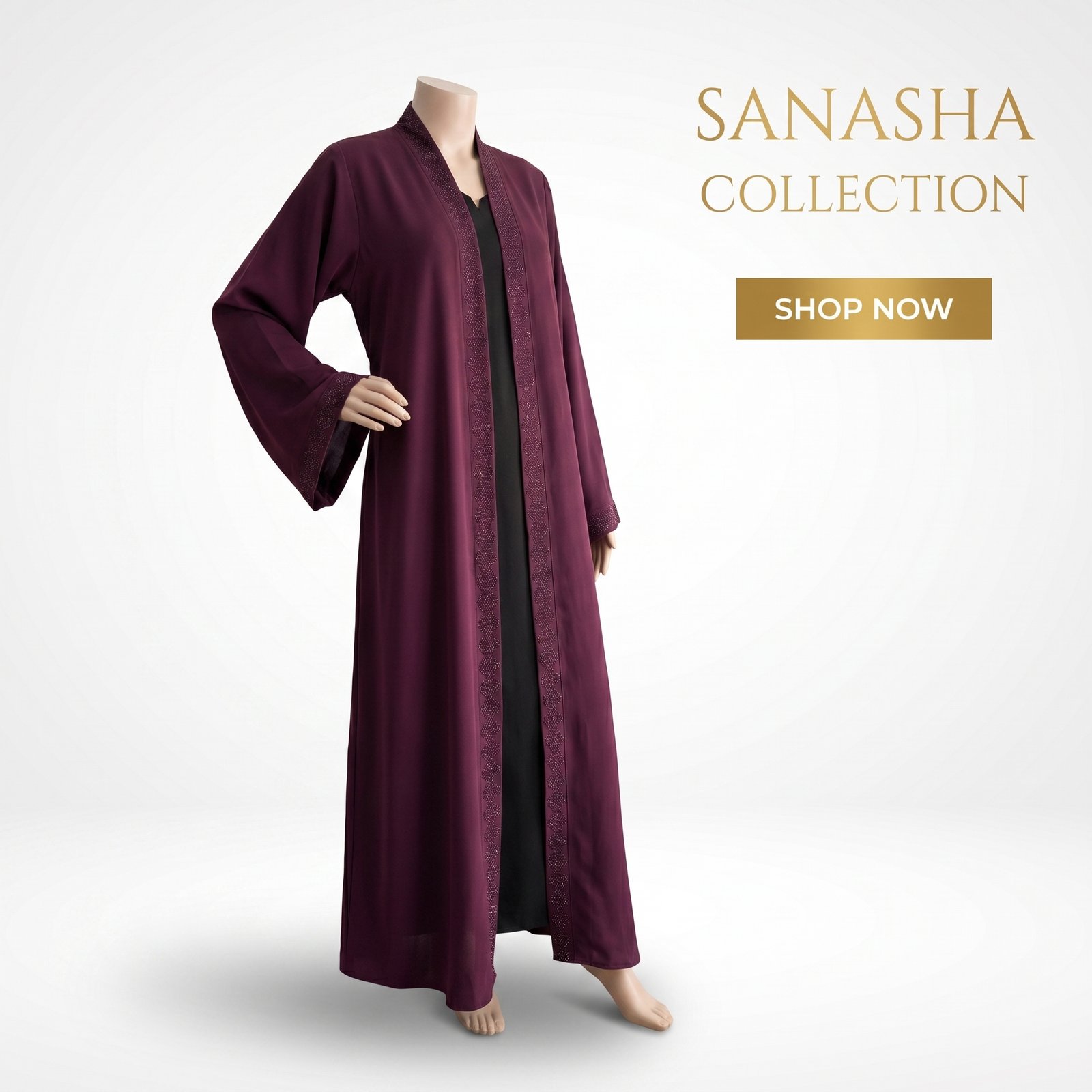 Sanasha Plum Open Front Abaya with Bell Sleeves – Two-Piece Inner Set