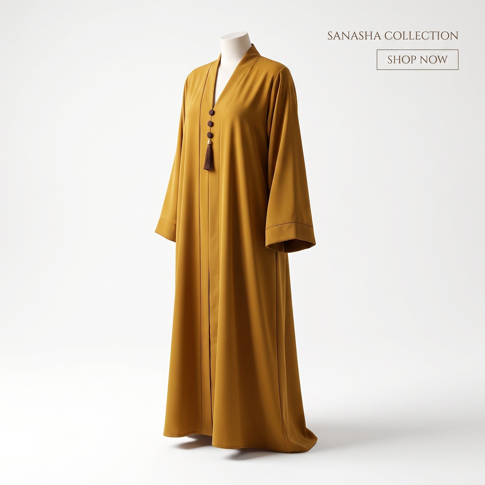 Sanasha Mustard Yellow V-Neck Abaya with Tassel Accent & Wide Sleeves