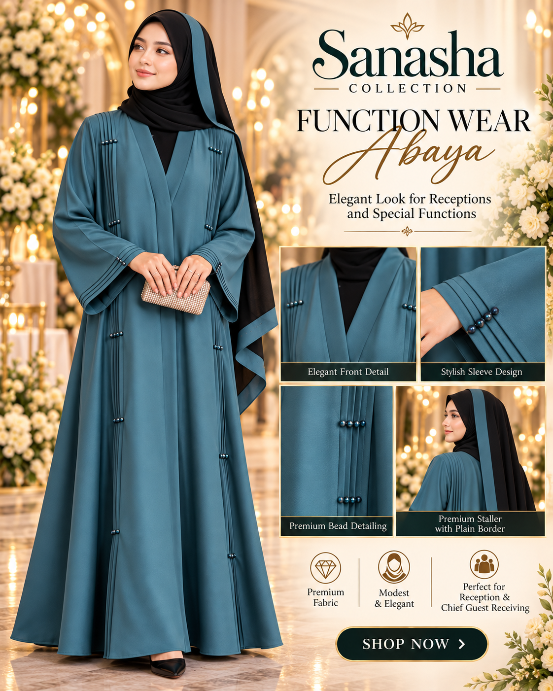 Sanasha Luxury Reception Abaya – Pleated Front & Sleeve Pearls